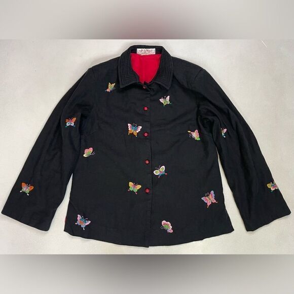 VINTAGE Duc Loi Silk Linen All Over Butterfly Linen Jacket Women Medium Black - Picture 1 of 11